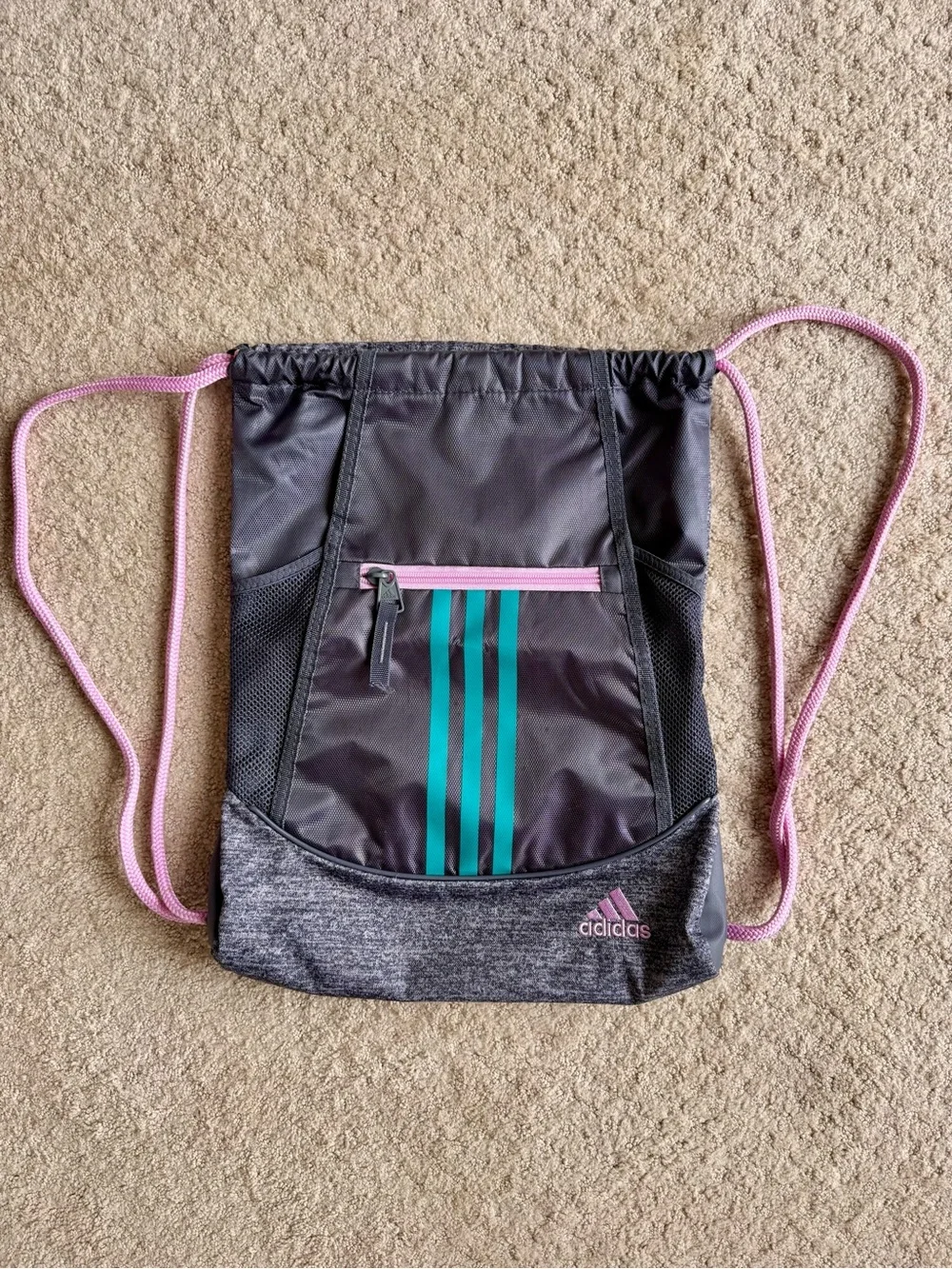 ADIDAS Gray Drawstring Gym Backpack with Pink Straps and Teal Stripes